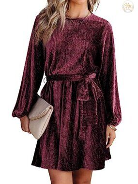 Velvet A-Line Skater Dress Lantern Sleeve High Waist Cocktail Party